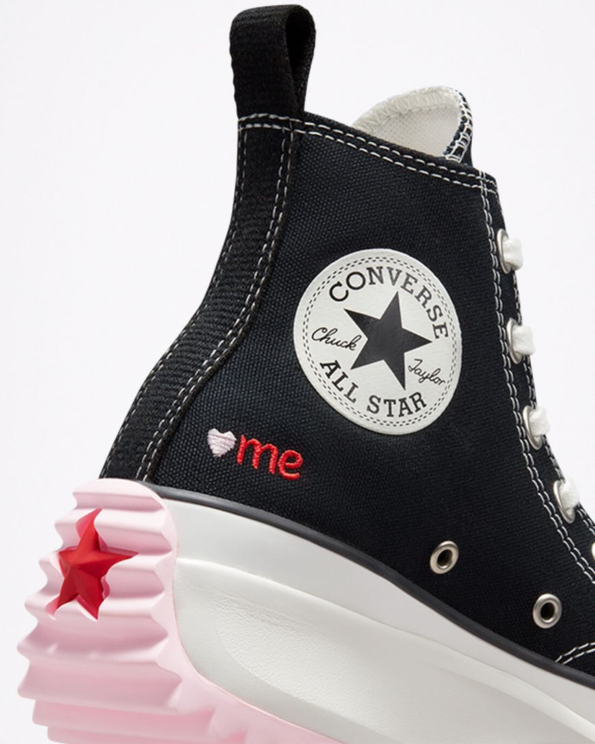 Men's Converse Run Star Hike Embroidered Hearts High Top Platform Shoes Black / Red | AU 436C1T